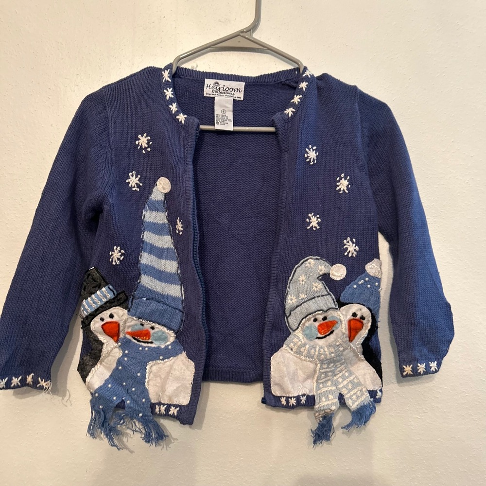Heirloom Collectibles Kids Cardigan Sweater Size 5 Blue Snowman Holiday